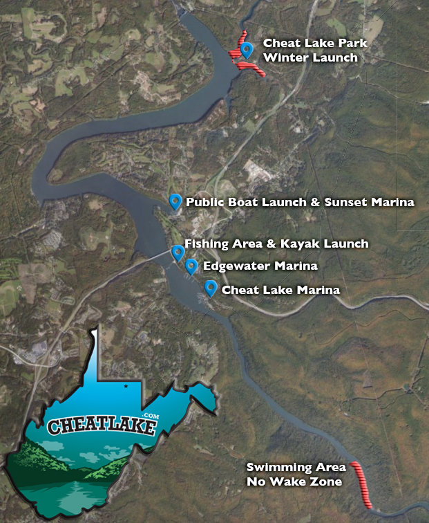 Cheat Lake Map, Boat Launch & Marinas